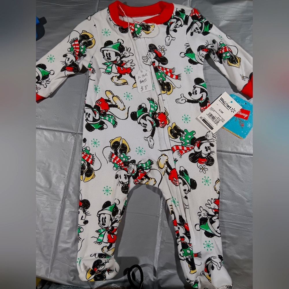 Mickey Mouse Christmas Onesie, 0 to 3 months, white and red and green.